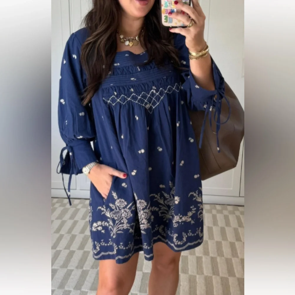 Free People Sonora Navy Blue Embroidered Mini Dress